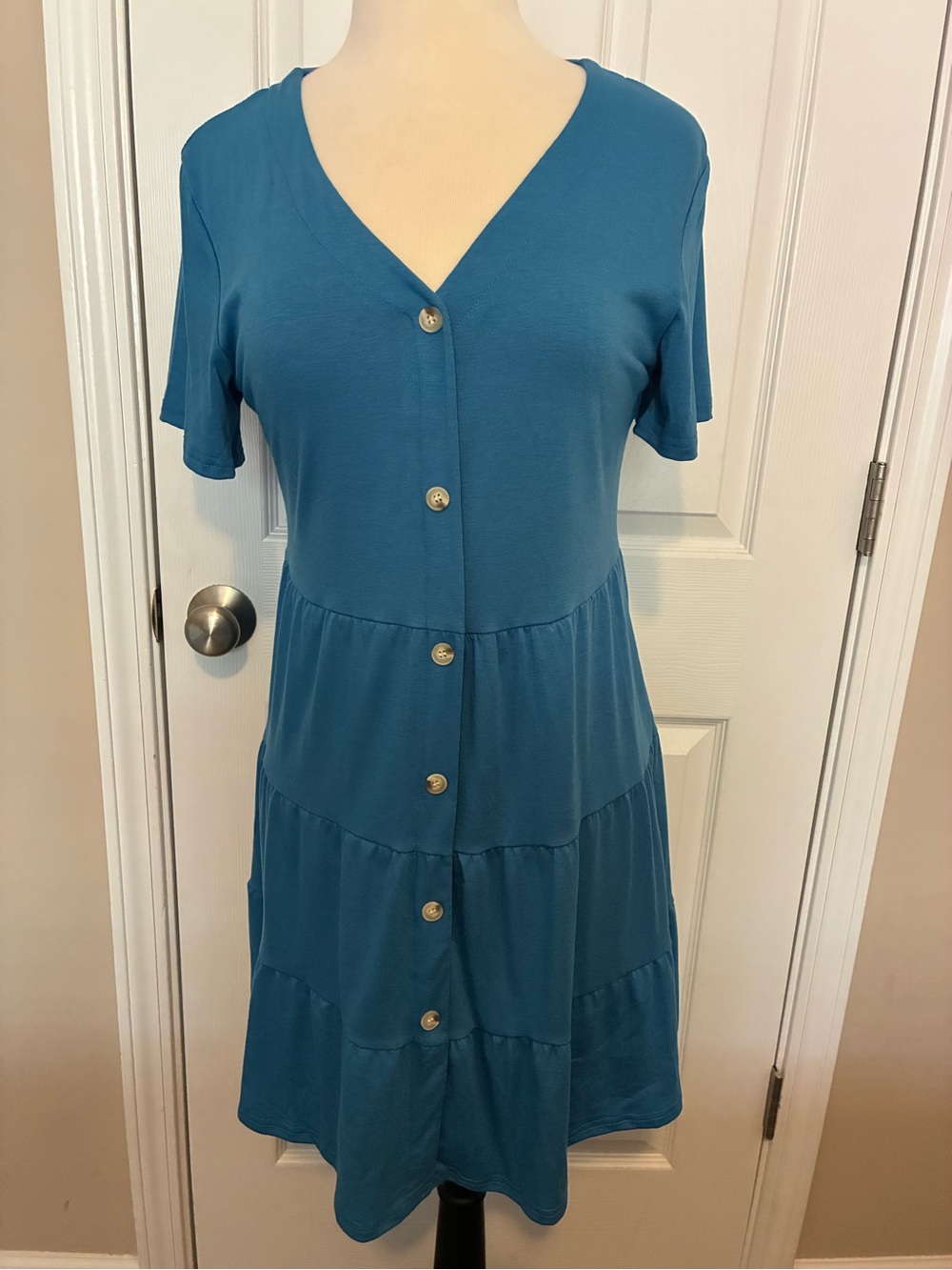 Amazon Blue Teal Button-Front Tiered Dress